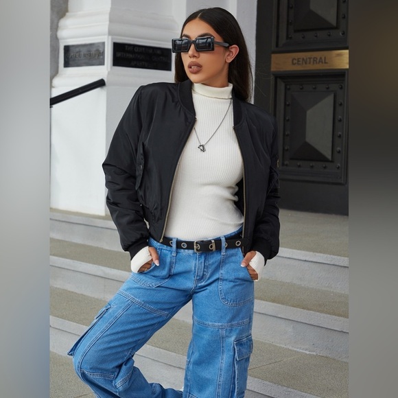 Zip Up Cropped Bomber Jacket - Picture 2 of 6